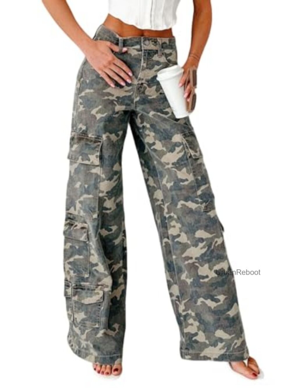 Wide Leg Cargo Jeans Y2K Camo Print Distressed Denim Pants Multi Pockets